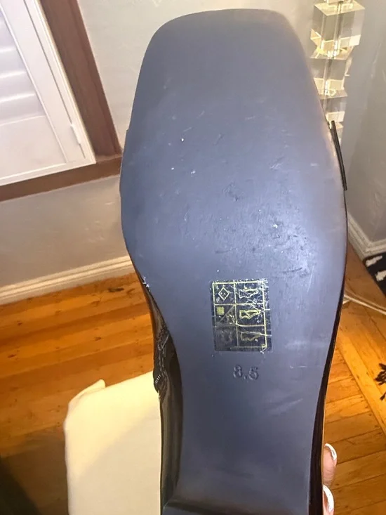 Jeffrey Campbell Black Patent Over-the-Knee Boots with Gold Medallion - Picture 6 of 7